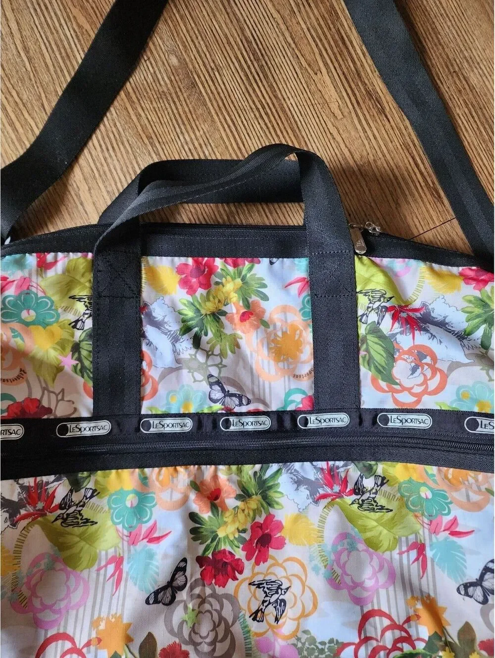 LeSportsac Large Floral Print Duffel Bag with Black Straps and Multiple Zippers